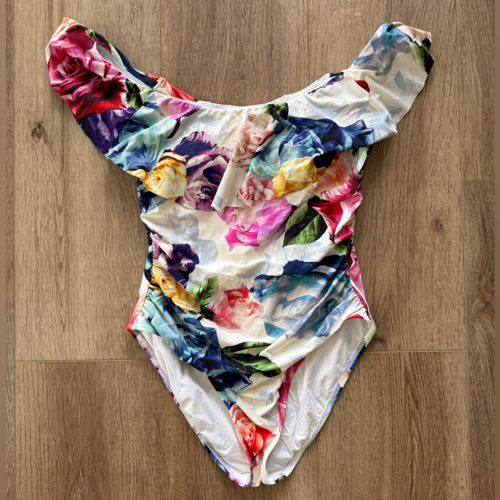 La Blanca Floral One-Piece island goddess ruffle off the shoulder Swimsuit 12
